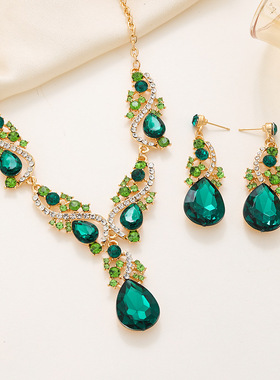 temu热销宴会绿宝石水滴项链耳环套装女高级感跨境珠宝饰品首饰