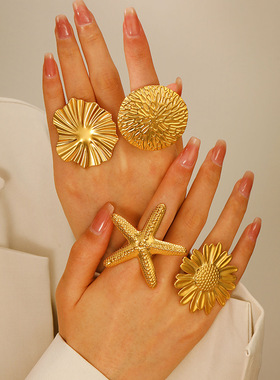 欧美跨境饰品ins高级夸张不锈钢戒指女 花朵爱心海星开口戒指配饰