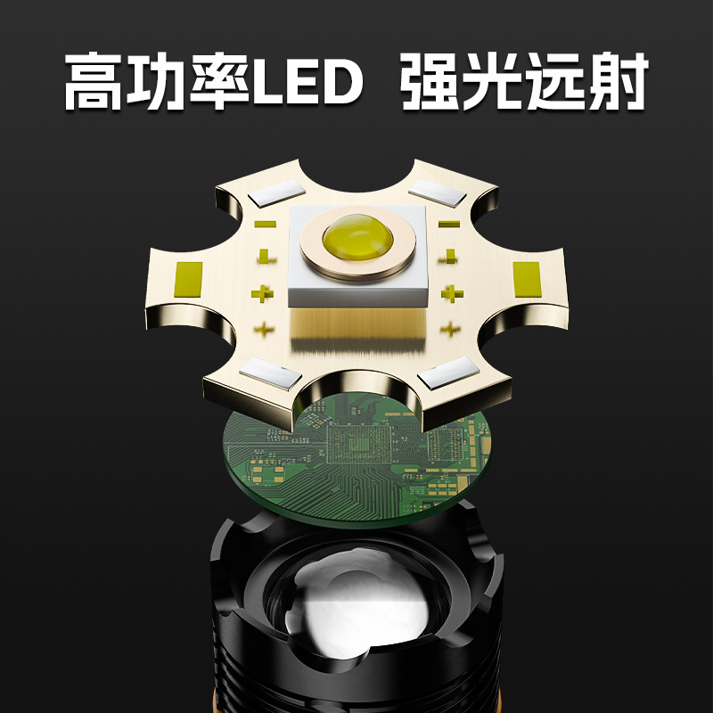 新款LED强光手电筒干电池变焦3模式带尾绳家用防水战术手电筒