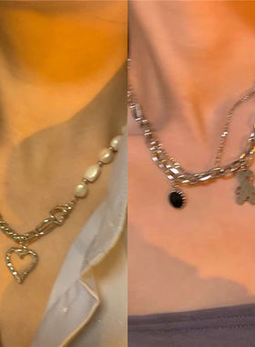 辣妹儿甜酷宇宙皓石人造珍珠项链女ins潮双层叠戴爱心嘻哈锁骨链