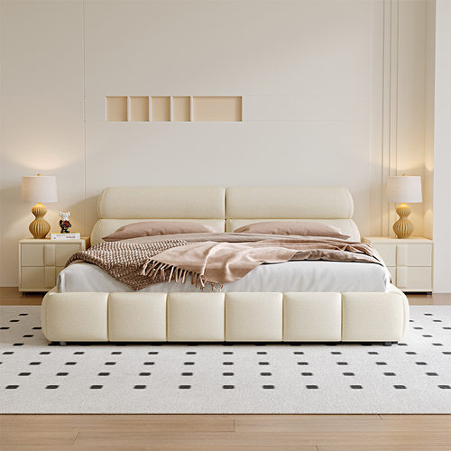网红科技布床轻奢现代简约双人主卧床米黄色双软靠男女生榻榻米床