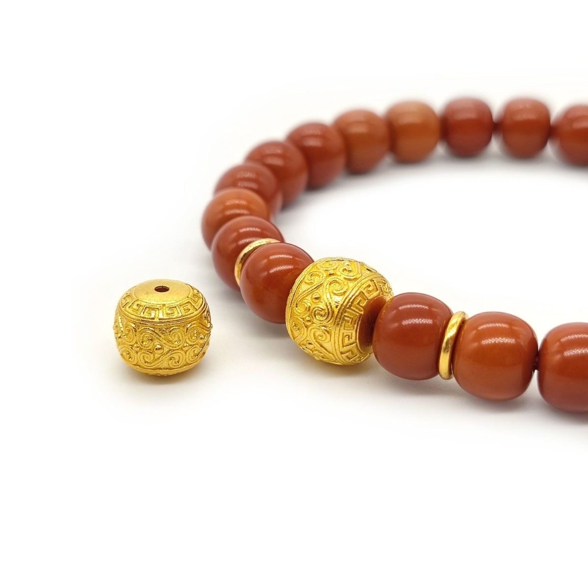 s925纯银镀金回纹老型珠圆形腰珠顶珠文玩配饰diy猴头菩提百香籽