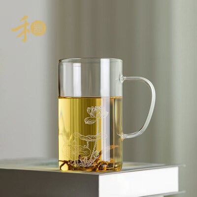 禾器2024新款绿茶杯水杯带把手耐高温玻璃杯晶彩绘彩清简杯400ml