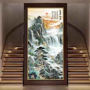 富春山居图入户玄关装饰画走廊过道山水壁画中式客厅入门竖版挂画