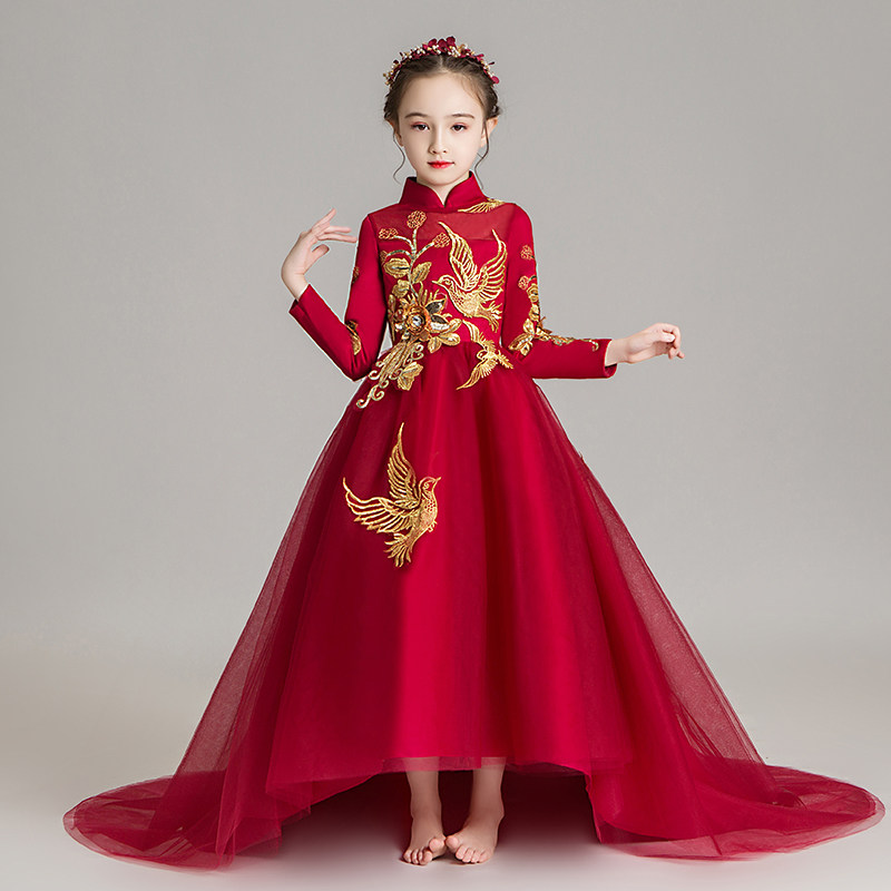 儿童晚礼服公主裙超长拖尾婚纱小模特走秀演出服拖地女童红色旗袍