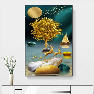 入户玄关装饰画竖版入门入室走廊过道壁画招财麋鹿玄幻挂画晶瓷画