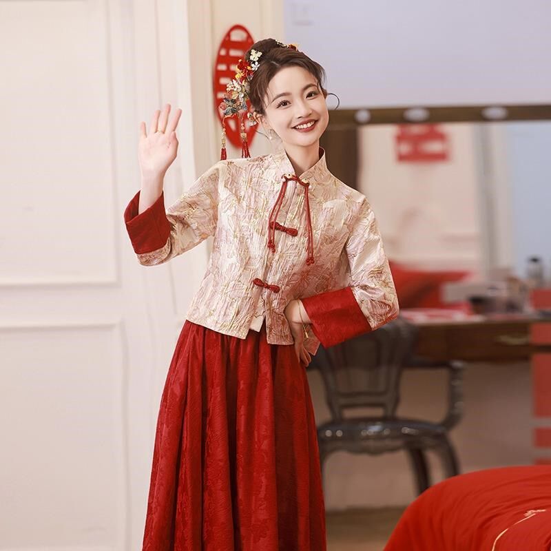 海棠记新娘敬酒服大码中式改良秀禾套装春秋款订婚礼服裙女酒红色