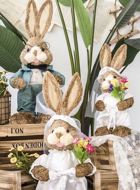 JK慕空间  天然草编婚纱男女兔子婚庆摆场装饰动物摆件 新婚礼品