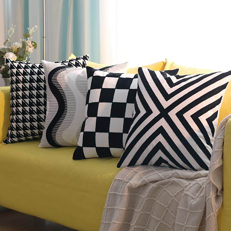 9V7T简约现代轻奢黑白几何格子刺绣抱枕客厅沙发靠垫套办公室靠枕,居家布艺,抱枕被,淘宝优惠券,粉丝福利购,淘宝优惠卷