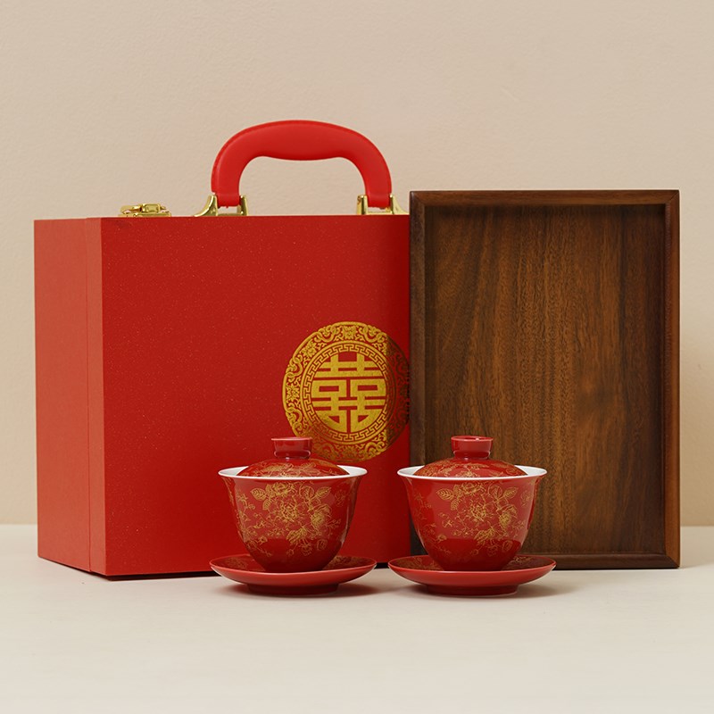 仲夏知己金线繁花敬茶杯改口结婚碗筷套装喜碗一对碗筷红色