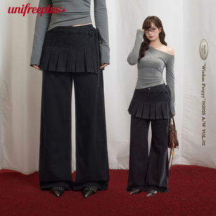 美式 UNIFREEPLUS大码 女早秋修身 拼接牛仔裤 复古风可拆卸屁帘 裙裤
