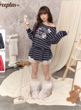 【25年秋】UNIFREEPLUS大码美式条纹斜肩长袖T恤宽松铆钉印花上衣