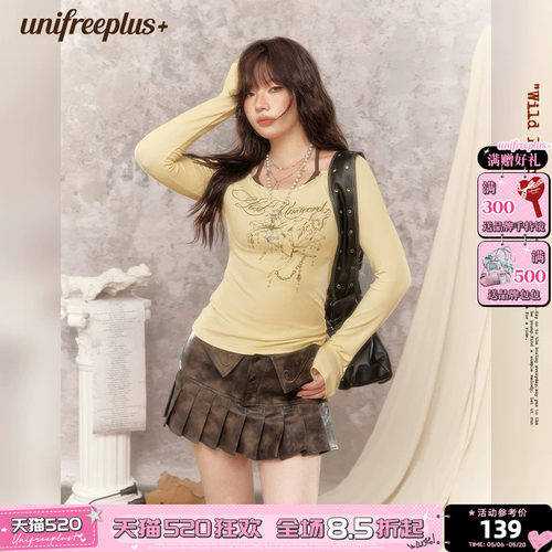 UNIFREEPLUS大码黄色U领长袖T恤