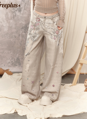 【25年秋】UNIFREEPLUS大码手绘印花宽松休闲裤低腰直筒阔腿长裤