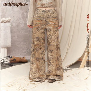 豹纹印花牛仔裤 UNIFREEPLUS大码 女低腰直筒阔腿拖地裤 25年秋