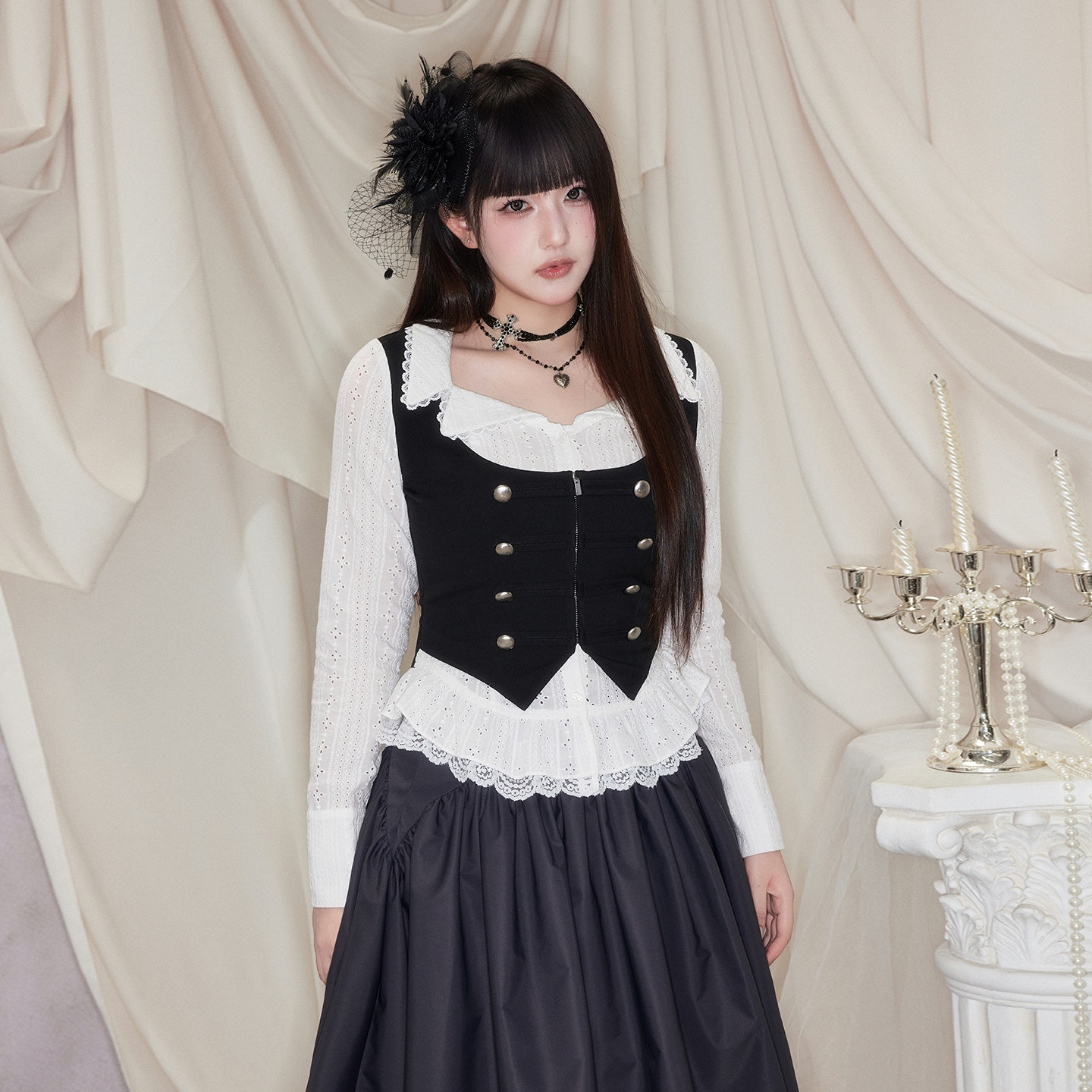 thumbnail for UNIFREEPLUS Plus Size Palace-Style Shirt Women's Fake Two-Piece Lace Vintage Waist-Cinching Niche Elegant Shirt