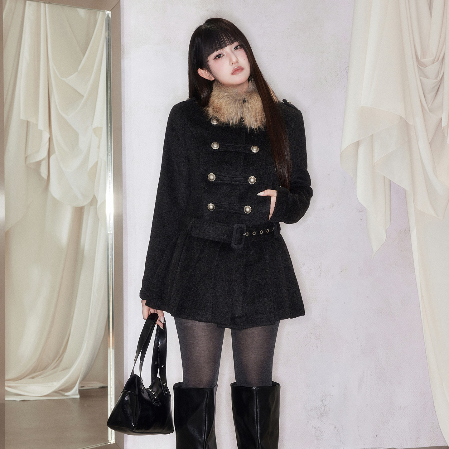 thumbnail for UNIFREEPLUS plus-size gentle style black wool coat with fur collar for women, new autumn/winter jacket