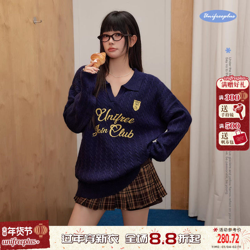 UNIFREEPLUS大码藏蓝色大翻领针织衫美式学院风刺绣复古v领毛衣,女装/女士精品,大码内搭,淘宝优惠券,粉丝福利购,淘宝优惠卷