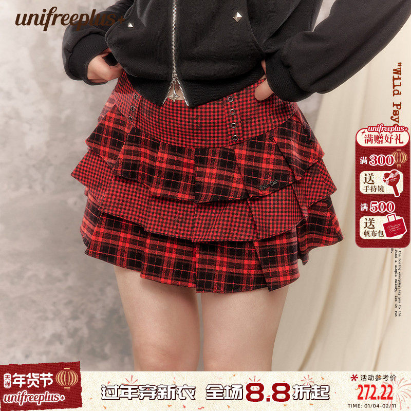 【25年秋】UNIFREEPLUS大码红色格纹半身裙女辣妹拼接百褶蛋糕裙,女装/女士精品,大码半身裙,淘宝优惠券,粉丝福利购,淘宝优惠卷