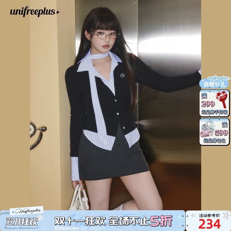 UNIFREEPLUS大码女装假两件长袖T恤女早秋美式辣妹百搭显瘦上衣