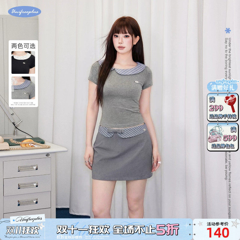 UNIFREEPLUS大码娃娃领短袖T恤女翻领收腰修身短款辣妹小个子上衣