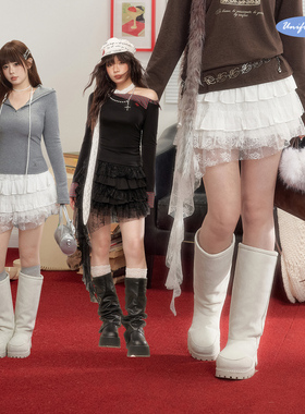 UNIFREEPLUS白色蕾丝半身裙大码女装新款不规则多层蓬蓬裙蛋糕裙