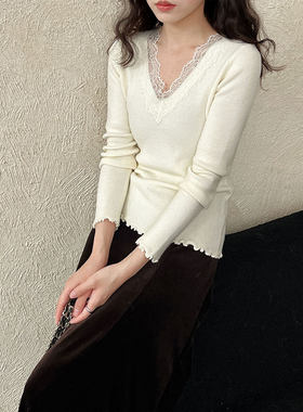鹿西 法式修身气质蕾丝v领显瘦内搭女冬季新款内搭百搭针织ss909