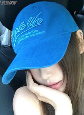 复古字母刺绣女宽帽檐大头围帽子韩系遮阳显脸小鸭舌帽紫色棒球帽