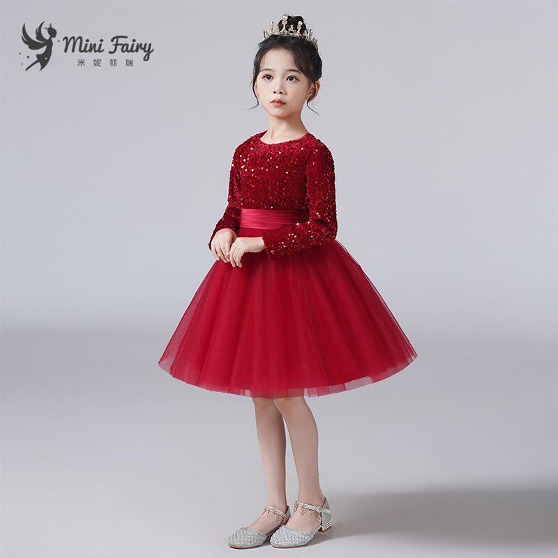 女儿童秋冬礼服圣诞节红色演出服蓬蓬裙小主持人表演X生日公主裙