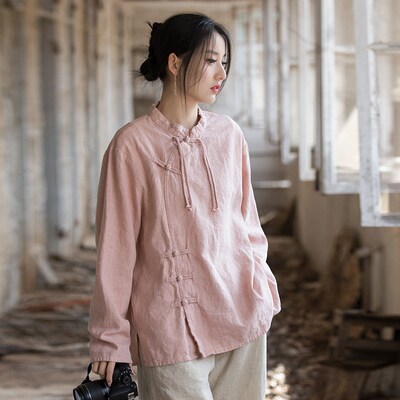 国潮文艺女装秋h季新款 苎麻棉复古盘扣改良上衣新中式茶服长袖T