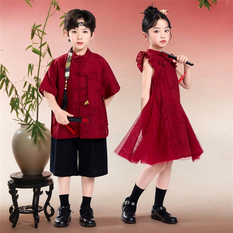 男童新中式汉f服套装儿童小少爷唐装女童旗袍礼服裙子中国风演出