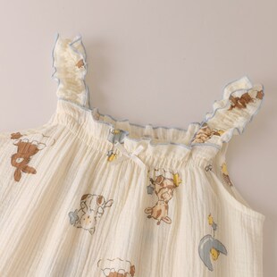 蓬松柔软卡通动物纯棉纱布z睡衣女夏季新款可爱吊带家居服套
