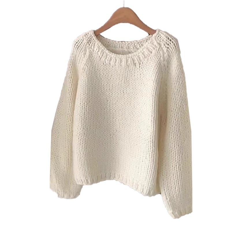 秋冬季濮院爆款韩系慵懒风奶白色粗线针织衫毛衣女士X圆领套头上