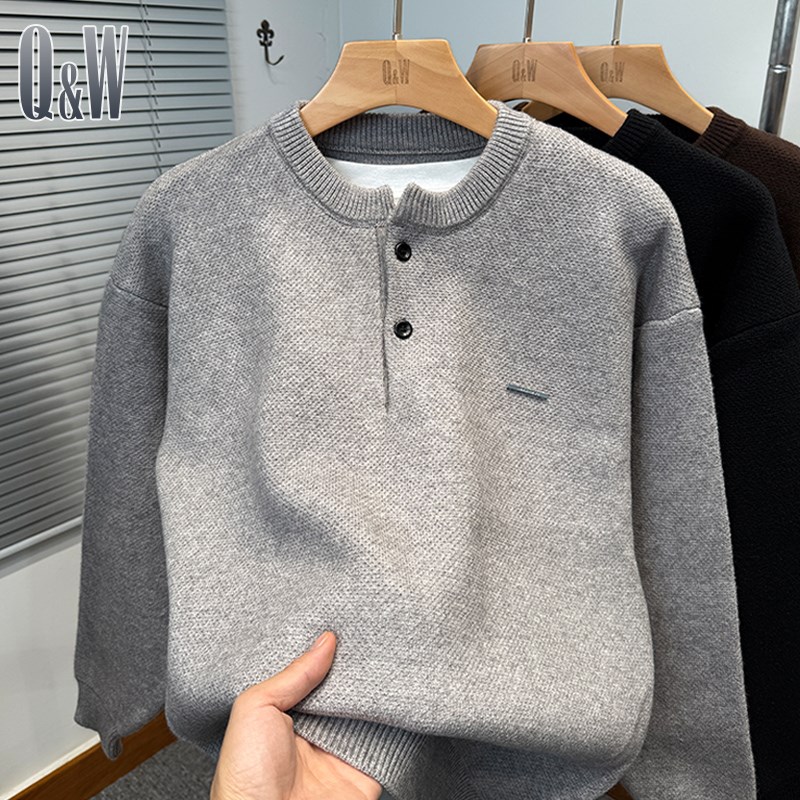 亨利领毛衣男秋冬季202s4新款韩版宽松套头针织衫男装纯色线衣服