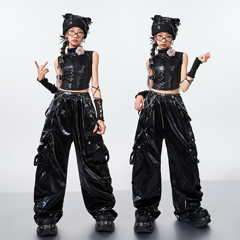 儿童爵士舞服装女童露脐JAZZ黑色皮衣套装街舞Q演出服潮酷模特走