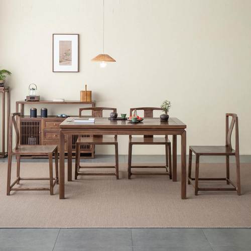 杪轩新中式黑胡桃木餐桌椅组合长方形餐厅原实木茶书桌家用饭桌子