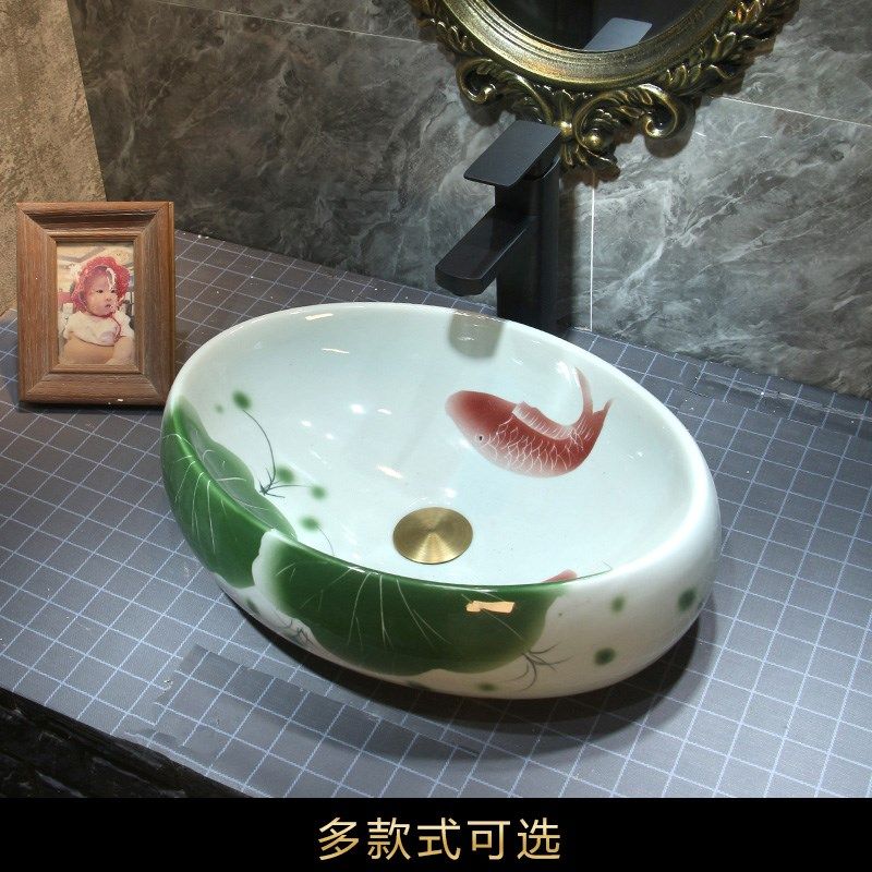 陶瓷手绘鱼莲纹台上洗手盆家用易清洁洗脸盆仿古新中式阳台台上盆