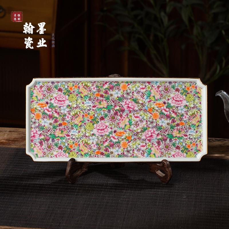 景德镇陶瓷彷古泥珐瑯彩万花茶盘家用茶台功夫茶具干泡台托 托盘
