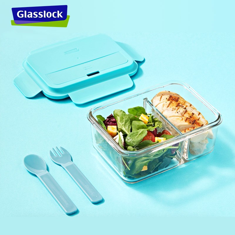 Glasslock进口耐热玻璃保鲜盒可微波炉加热分隔便当盒带餐具饭盒