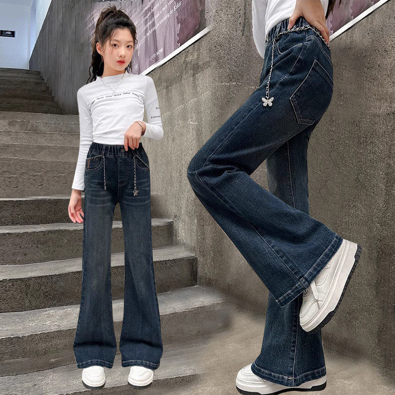 女童喇叭牛仔裤春秋新款洋派小学生时尚潮流行中大童女孩微喇叭裤