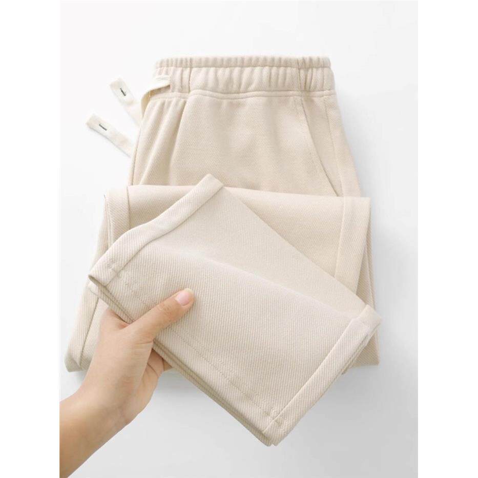 重磅杏色斜纹直筒裤卫裤男宽松百搭运动休闲裤女加绒加厚裤子秋冬