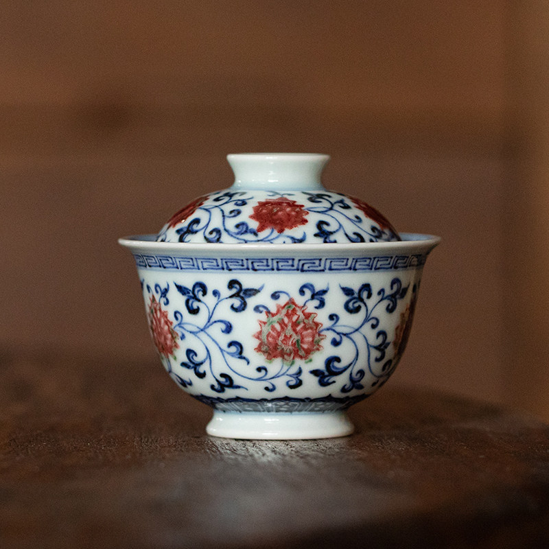 稀雀 小桥窑非遗传人出品慕明青花釉里红缠枝莲两才盖碗,餐饮具,盖碗,淘宝优惠券,粉丝福利购,淘宝优惠卷