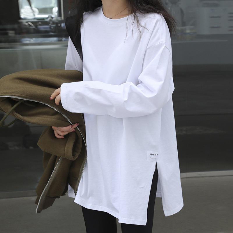 洋气小衫2025年秋装新款女装韩版纯色开叉长袖T恤女上衣打底衫潮