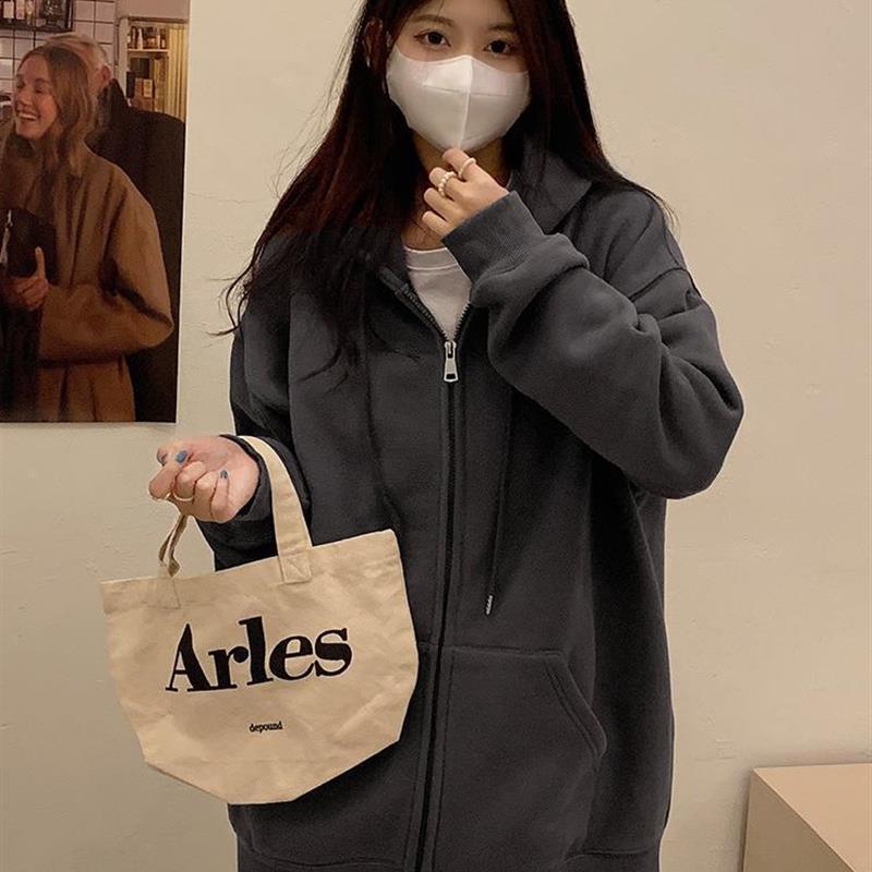 重磅韩国早秋女装小众感外套oversize卫衣女春秋拉链连帽开衫