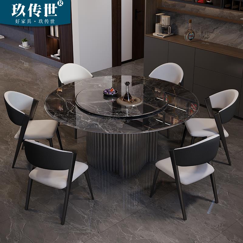 高端黑曜奢石餐桌意式轻奢别墅家用超晶石大理石镜面不锈钢圆桌