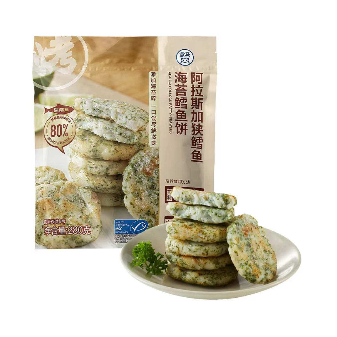 盒马 冷冻海苔味阿拉斯加狭鳕鱼海苔鳕鱼饼280g健康早餐速食