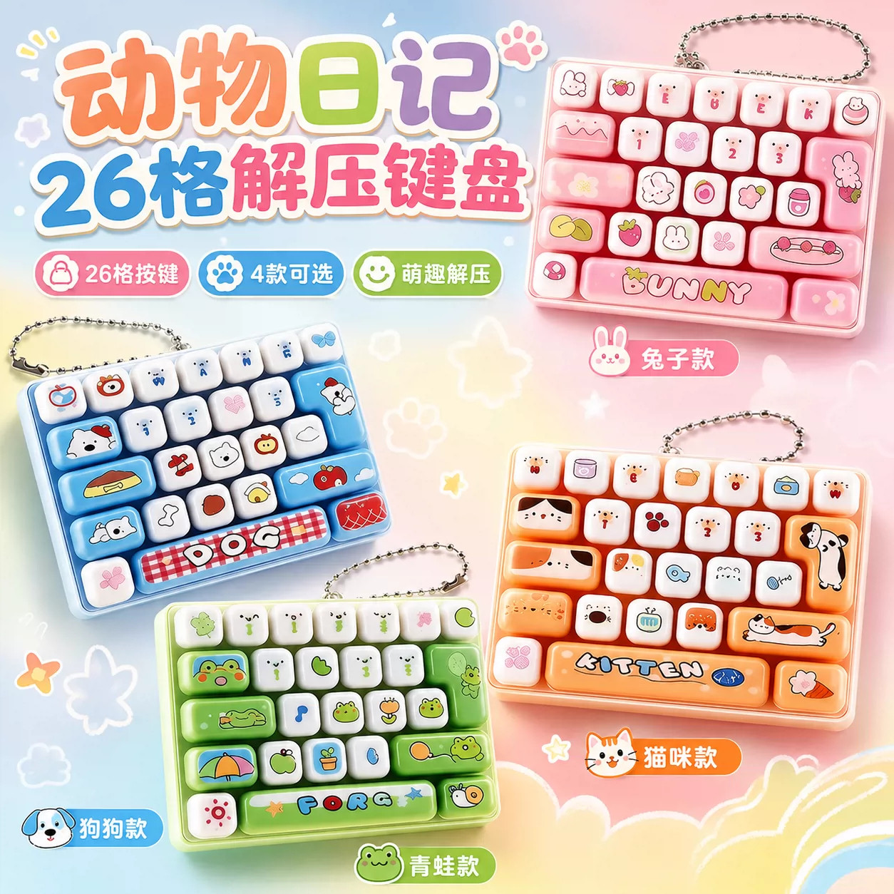 迷你动物日记解压26宫格按键创意键盘钥匙扣儿童挂件随身学生玩具