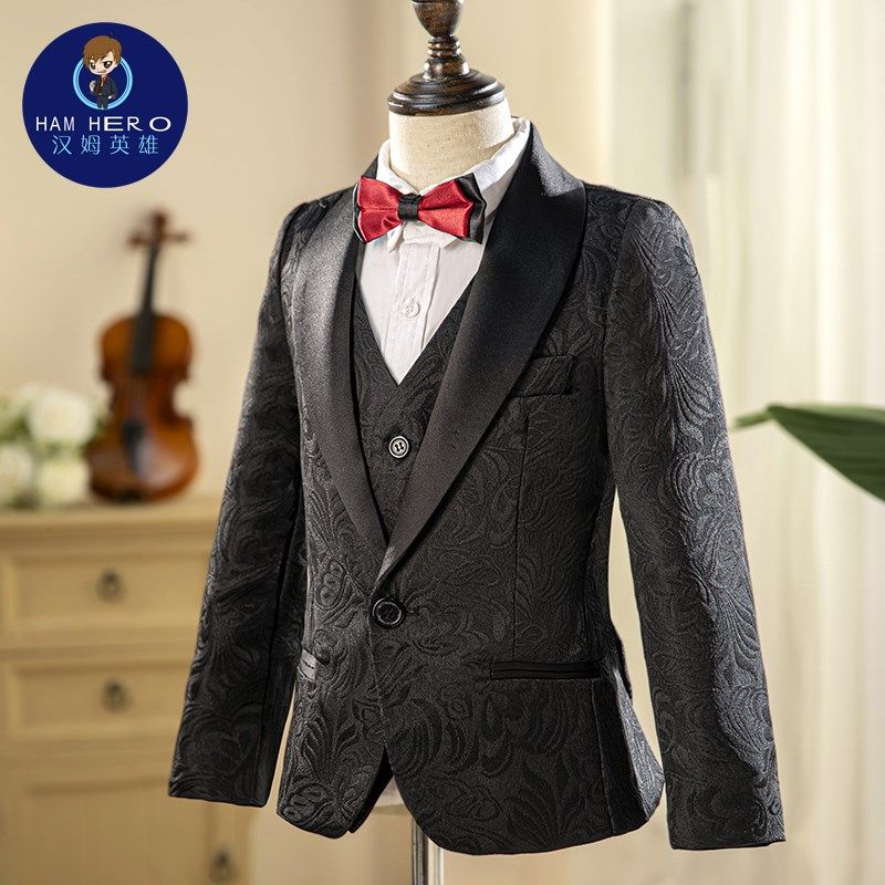 高档男童小西服黑色儿童西u装套装暗纹正装主持人钢琴吉他演出服