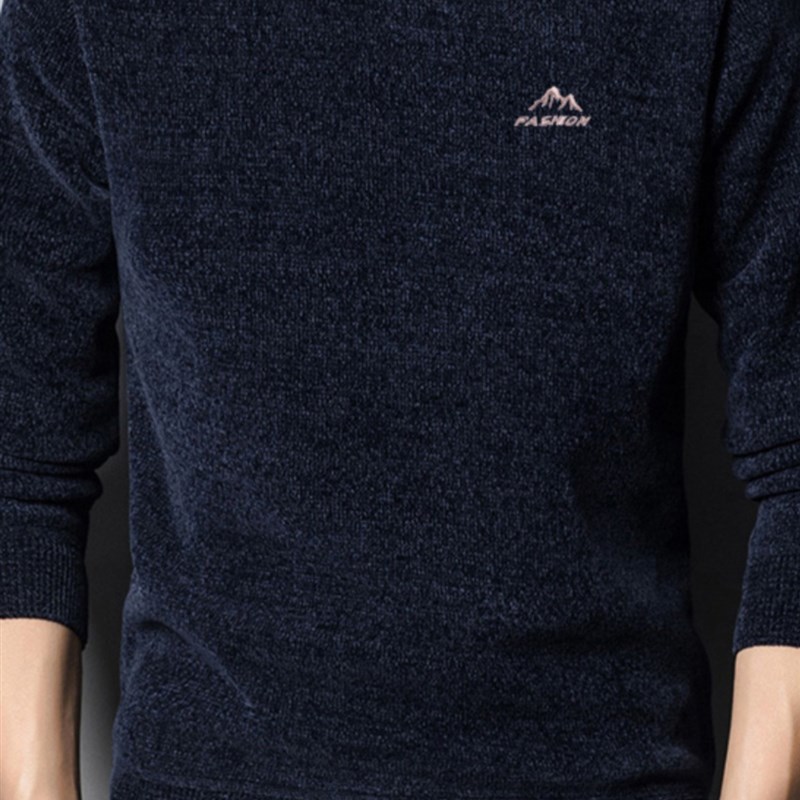 冬季男士雪尼尔针织衫圆r领加绒打底衫加厚毛衣保暖衣刺绣百搭纯