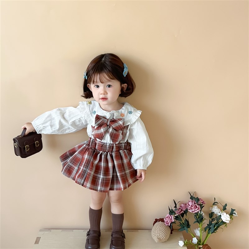 女宝宝学院风套装2023秋装女童yjk抱婴袋裙婴儿衣服周岁礼服哈衣
